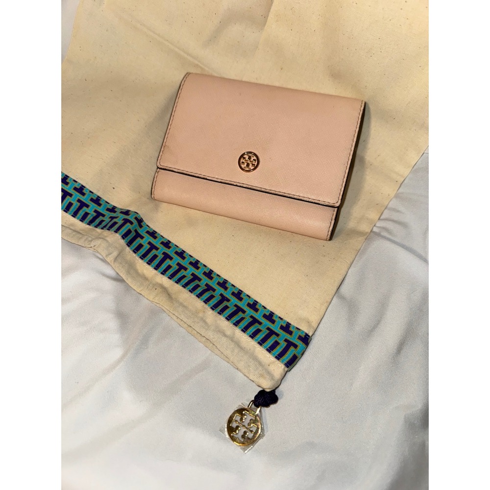Tory Burch Robinson Medium Trifold Wallet Pink Saffiano Leather Navy Interior
